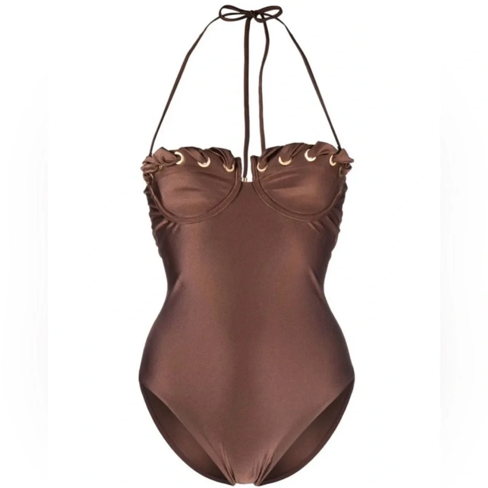 ZIMMERMANN Devi eyelet-embellished cutout underwired halterneck swimsuit sz 1 - Picture 2 of 11